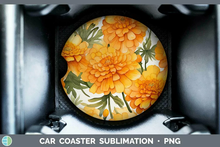 Watercolor Flowers Marigold Car Coaster Sublimation Coaster