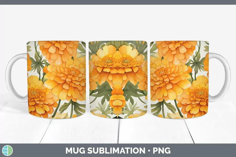Watercolor Flowers Marigold Mug Wrap Sublimation Coffee Cup