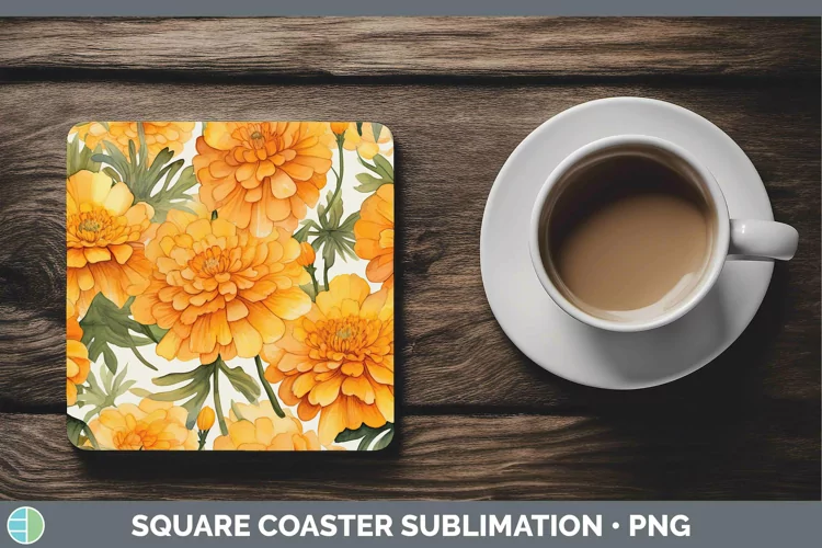 Watercolor Flowers Marigold Square Coaster Sublimation Coast
