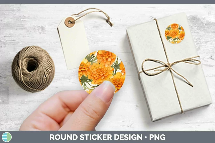Watercolor Flowers Marigold Stickers | Round Labels Designs