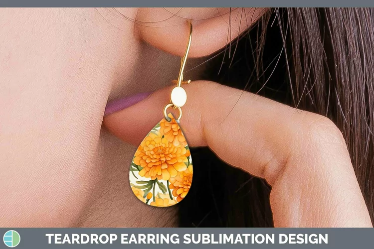 Watercolor Flowers Marigold Teardrop Earrings Sublimation Ea
