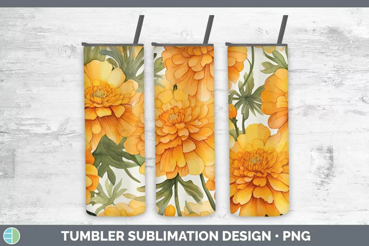 Watercolor Flowers Marigold Tumbler Sublimation 20 oz Skinny