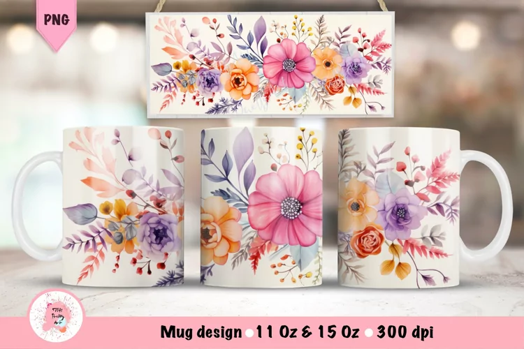 Watercolor Flowers Mug Wrap For 15 oz