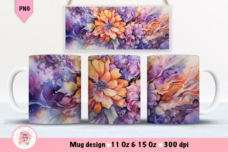 Watercolor Flowers Mug Wrap For 11 oz and 15 oz