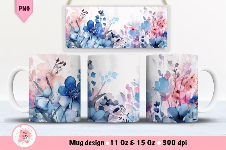 Watercolor Blue Flowers Mug Wrap For 11 oz and 15 oz