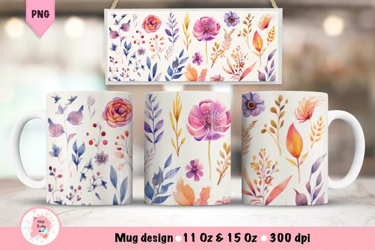 Watercolor Flowers Mug Wrap For 15 oz