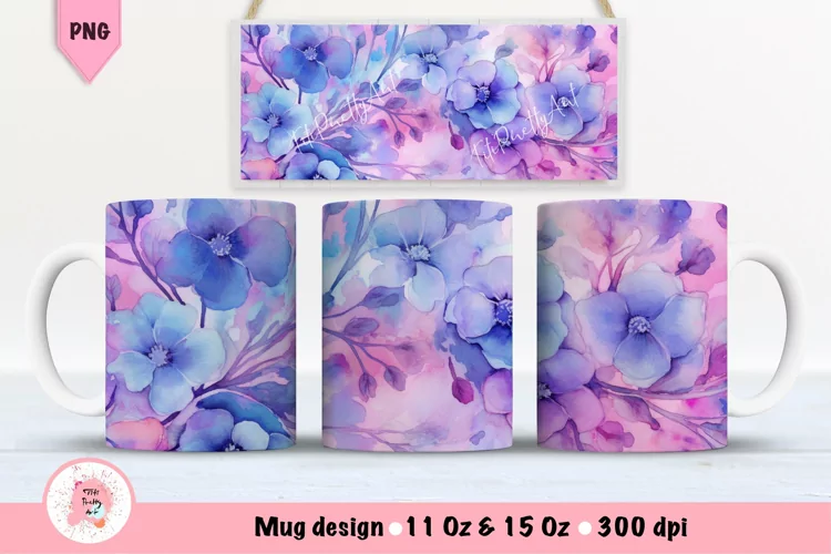 Watercolor Purple Flowers Mug Wrap For 11 oz and 15 oz