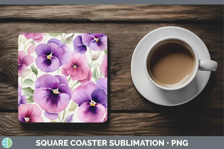 Watercolor Flowers Pansy Square Coaster Sublimation Coaster
