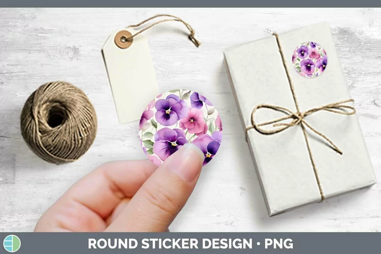 Watercolor Flowers Pansy Stickers | Round Labels Designs
