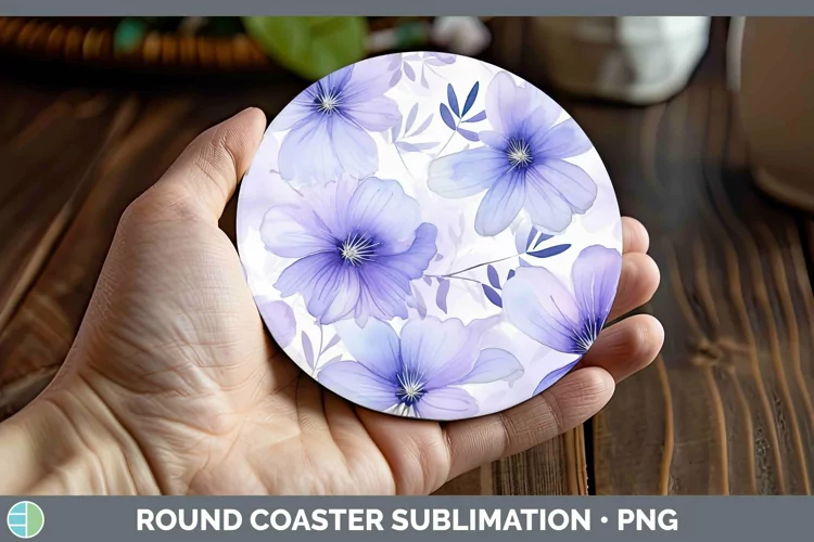 Watercolor Flowers Periwinkle Round Coaster Sublimation Coas