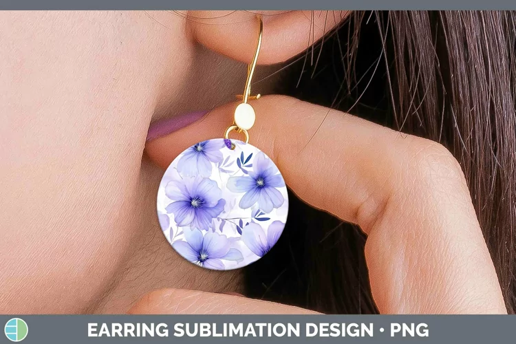 Watercolor Flowers Periwinkle Round Earrings Sublimation Ear