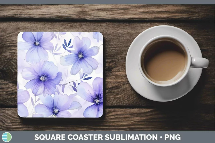 Watercolor Flowers Periwinkle Square Coaster Sublimation Coa