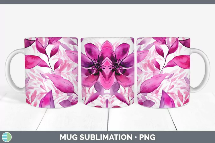 Watercolor Flowers Pink Mug Wrap Sublimation Coffee Cup Desi