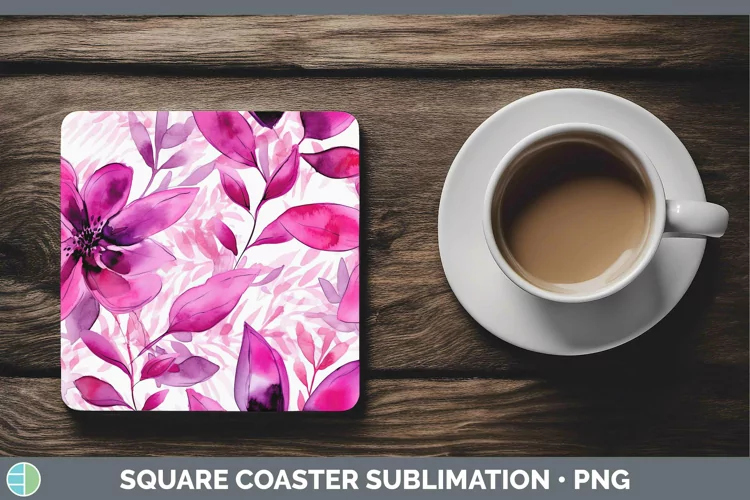 Watercolor Flowers Pink Square Coaster Sublimation Coaster D
