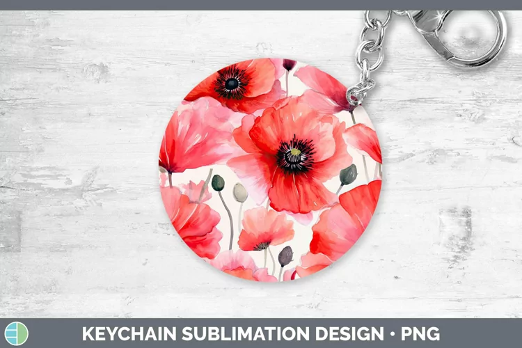 Watercolor Flowers Poppy Keychain Sublimation Keyring Design