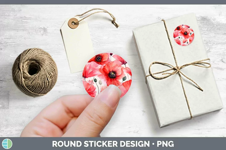 Watercolor Flowers Poppy Stickers | Round Labels Designs