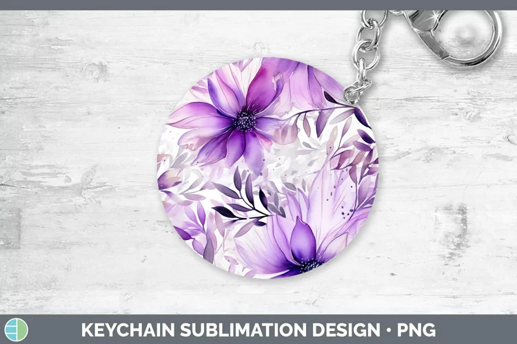 Watercolor Flowers Purple Keychain Sublimation Keyring Desig