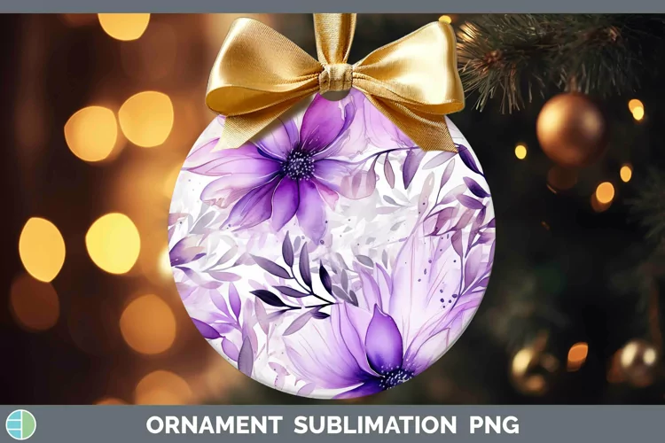 Watercolor Flowers Purple Ornament Sublimation Bauble Design