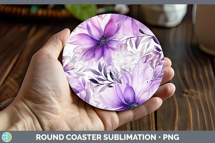 Watercolor Flowers Purple Round Coaster Sublimation Coaster