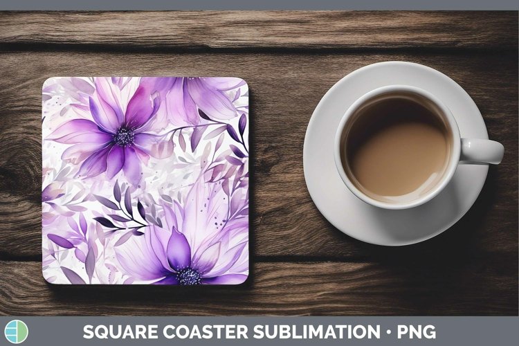 Watercolor Flowers Purple Square Coaster Sublimation Coaster