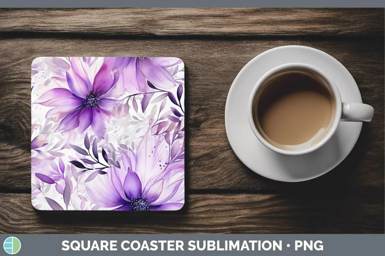 Watercolor Flowers Purple Square Coaster Sublimation Coaster