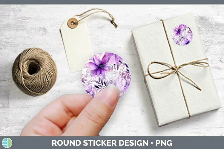 Watercolor Flowers Purple Stickers | Round Labels Designs