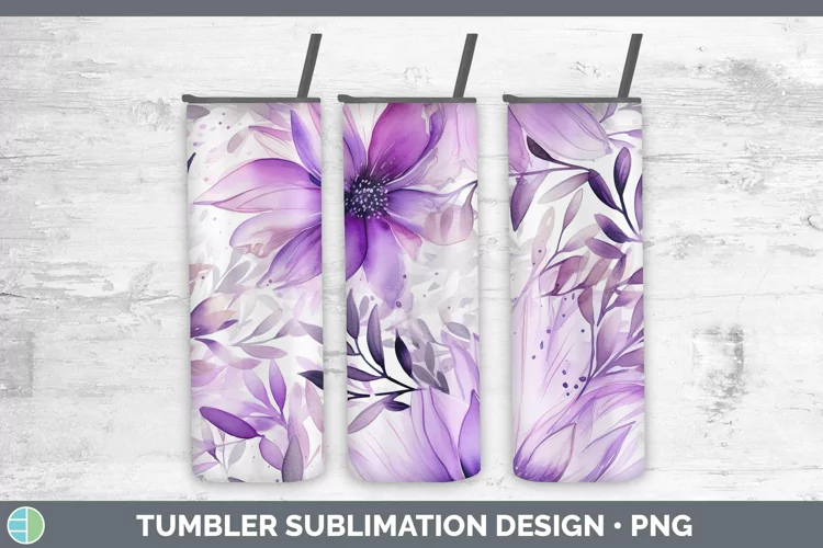 Watercolor Flowers Purple Tumbler Sublimation 20 oz Skinny T
