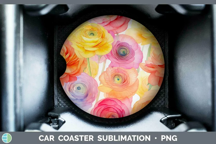 Watercolor Flowers Ranunculus Car Coaster Sublimation Coaste