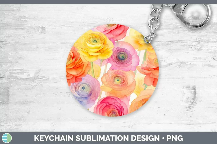 Watercolor Flowers Ranunculus Keychain Sublimation Keyring D