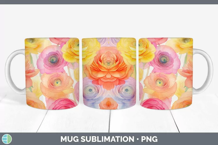 Watercolor Flowers Ranunculus Mug Wrap Sublimation Coffee Cu
