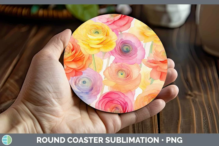 Watercolor Flowers Ranunculus Round Coaster Sublimation Coas