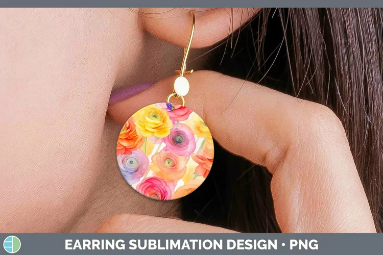 Watercolor Flowers Ranunculus Round Earrings Sublimation Ear