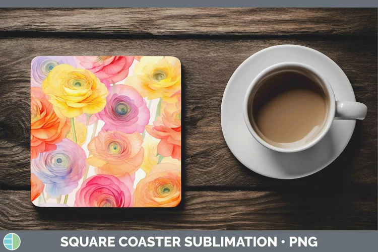 Watercolor Flowers Ranunculus Square Coaster Sublimation Coa