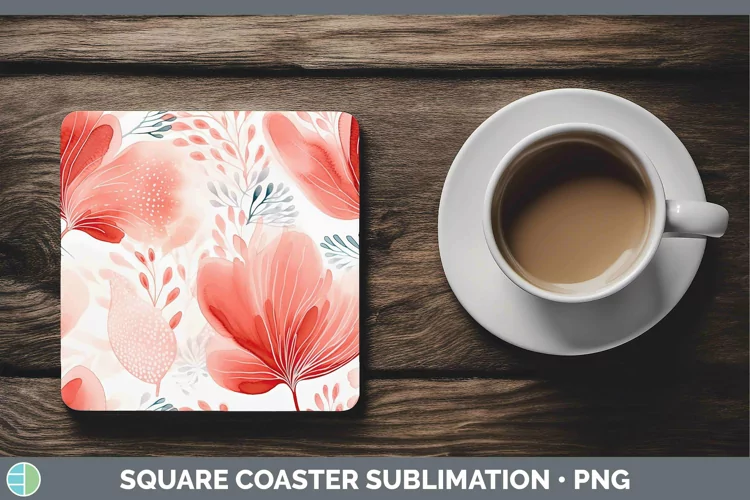 Watercolor Flowers Red Square Coaster Sublimation Coaster De