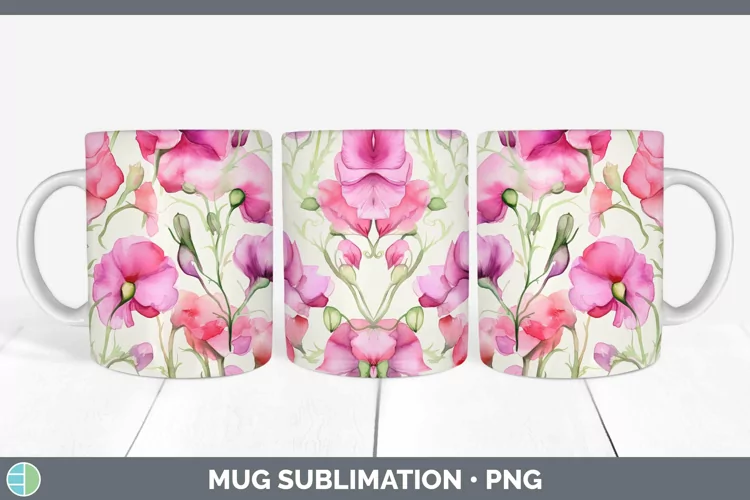 Watercolor Flowers Sweet Pea Mug Wrap Sublimation Coffee Cup