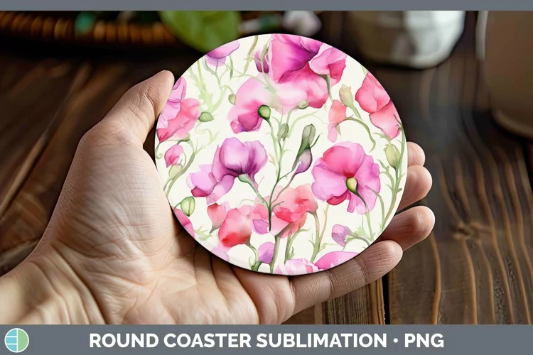 Watercolor Flowers Sweet Pea Round Coaster Sublimation Coast