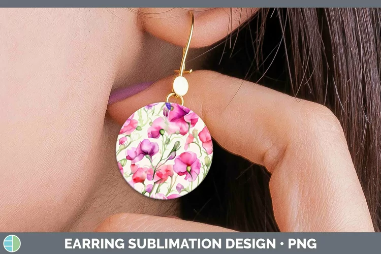 Watercolor Flowers Sweet Pea Round Earrings Sublimation Earr
