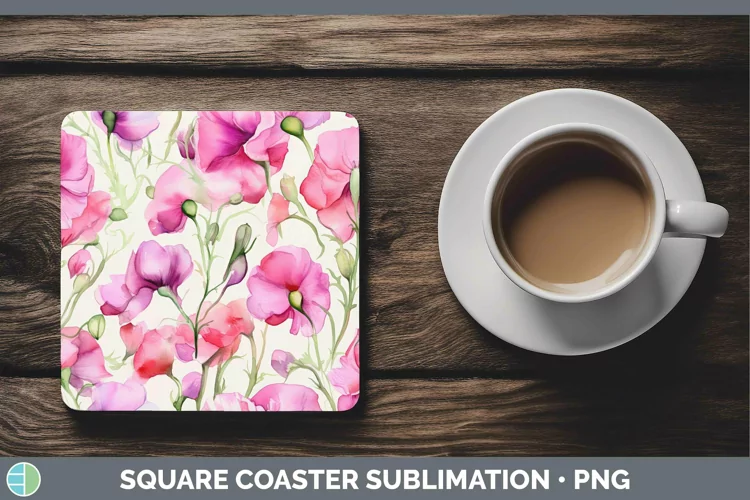 Watercolor Flowers Sweet Pea Square Coaster Sublimation Coas