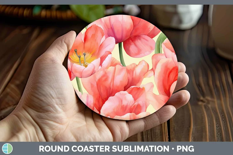 Watercolor Flowers Tulip Round Coaster Sublimation Coaster D