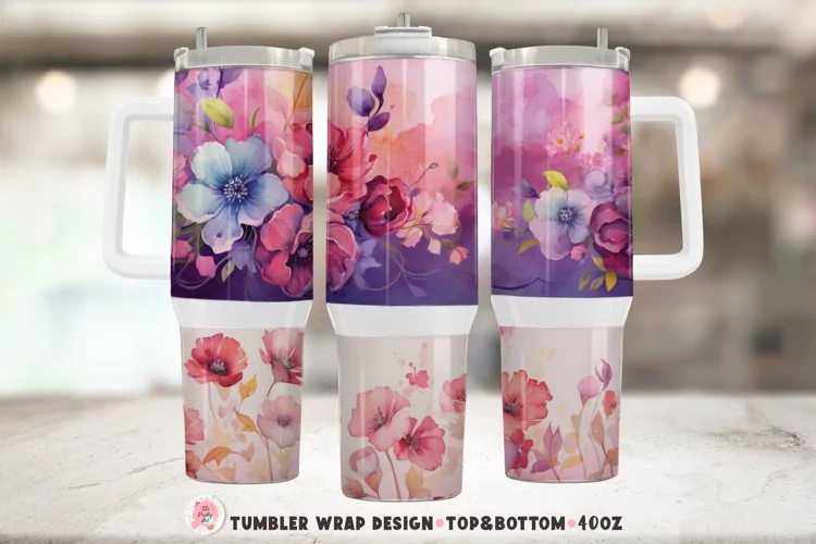 Watercolor Boho Flowers Tumbler Wrap Png | Tumbler 40oz