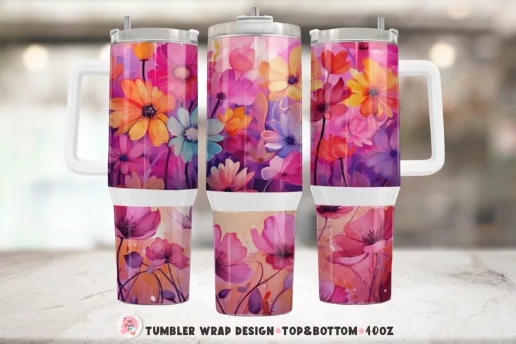Watercolor Boho Flowers Tumbler Wrap Png | Tumbler 40oz