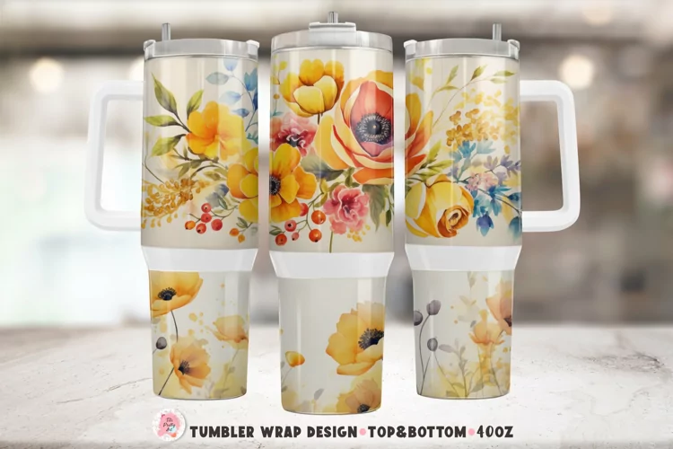 Watercolor Boho Flowers Tumbler Wrap Png | Tumbler 40oz