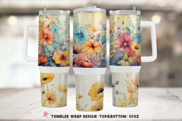 Watercolor Boho Flowers Tumbler Wrap Png | Tumbler 40oz