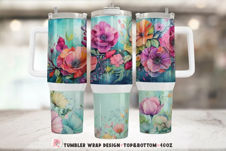 Watercolor Boho Flowers Tumbler Wrap Png | Tumbler 40oz