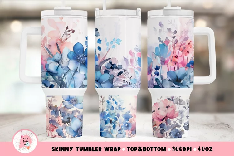 Watercolor Flowers Tumbler Wrap | Blue Flowers 40oz Tumble