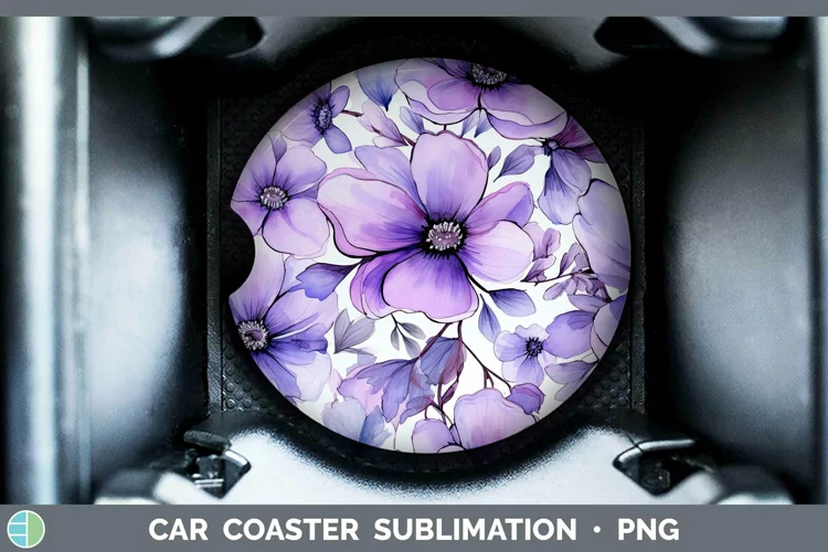 Watercolor Flowers Violet Car Coaster Sublimation Coaster De