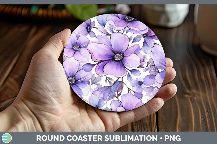 Watercolor Flowers Violet Round Coaster Sublimation Coaster