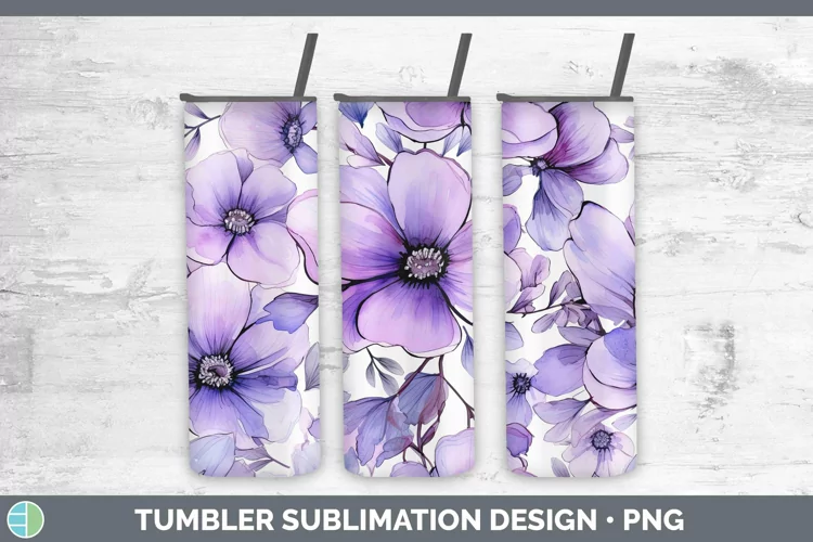 Watercolor Flowers Violet Tumbler Sublimation 20 oz Skinny T