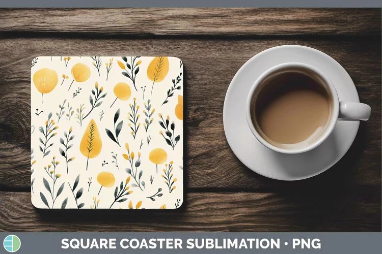 Watercolor Flowers Yellow Square Coaster Sublimation Coaster