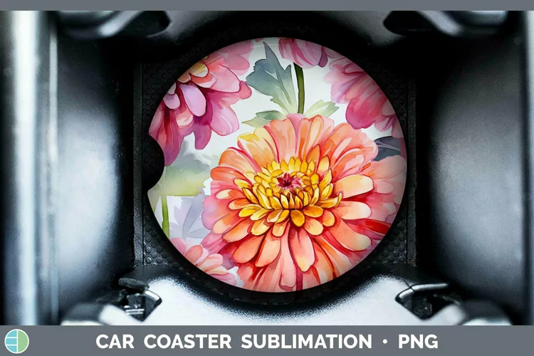 Watercolor Flowers Zinnia Car Coaster Sublimation Coaster De